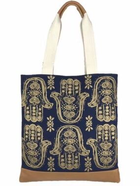 Maya Hamsa Tote for Bloom and Give. Leather and Canvas. Hamsa Hands. Thick.